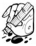 A black and white drawing of a hand holding a guitar  Description automatically generated