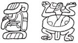 A black and white drawing of a mayan ornament  Description automatically generated