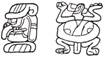 A black and white drawing of a mayan ornament  Description automatically generated