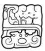 A black and white drawing of a mayan ornament  Description automatically generated